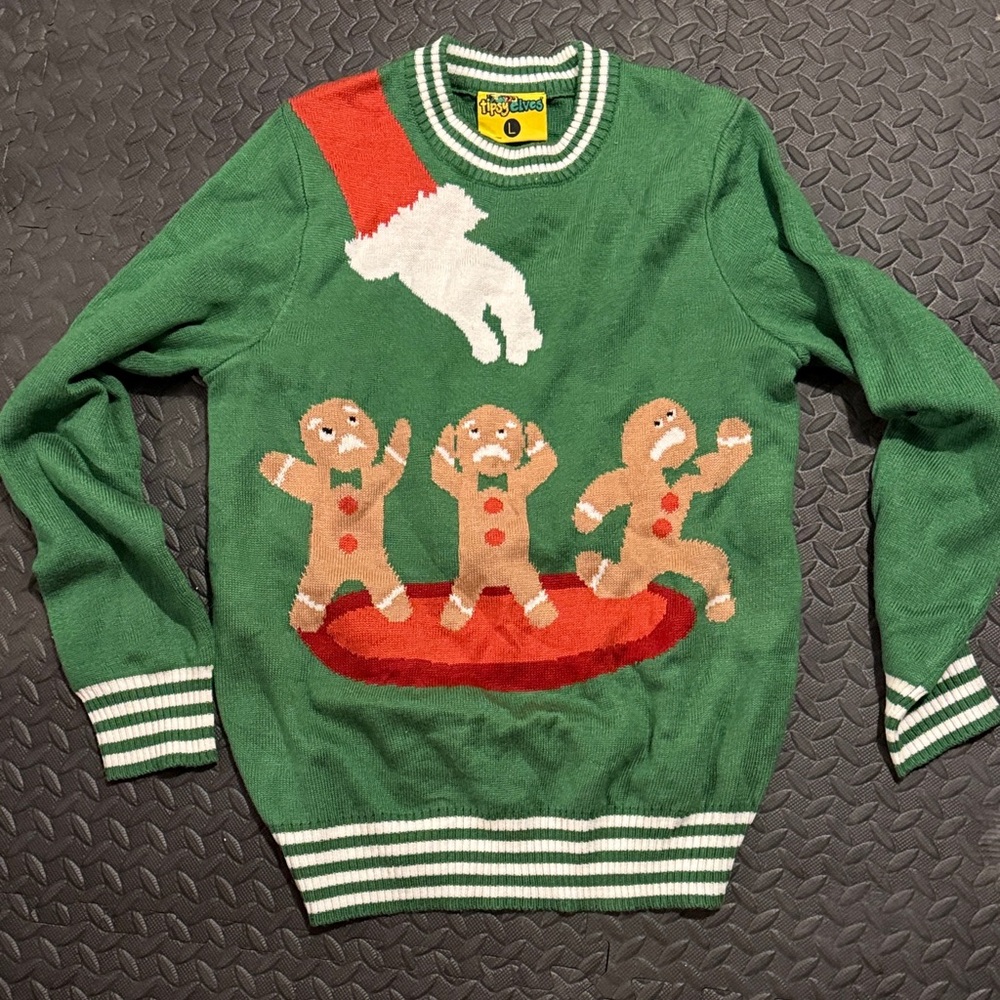 Tipsy Elves Green Men’s Gingerbread Cookie Scene Crewneck Ugly Christmas Sweater